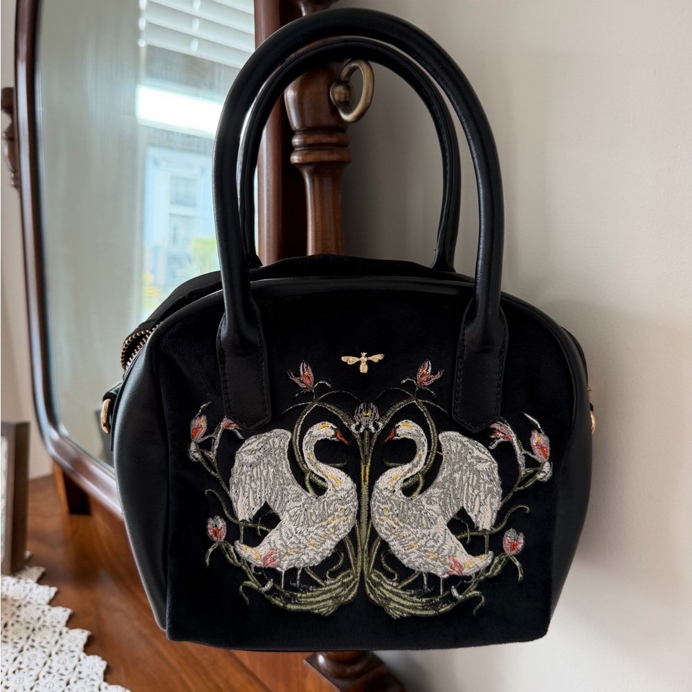 Embroidered Swan Black Satchel Handbag